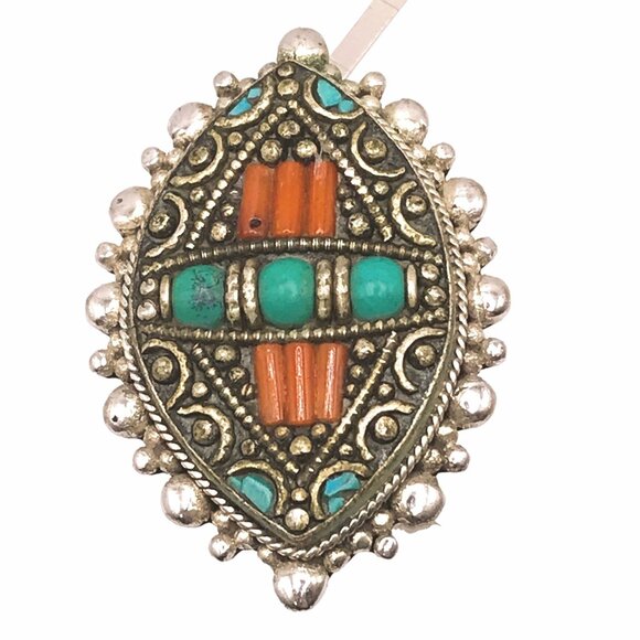 Tibetan Silver Coral Turquoise Ring Old Large Afghan Nepal Filigree Vintage - Picture 2 of 6